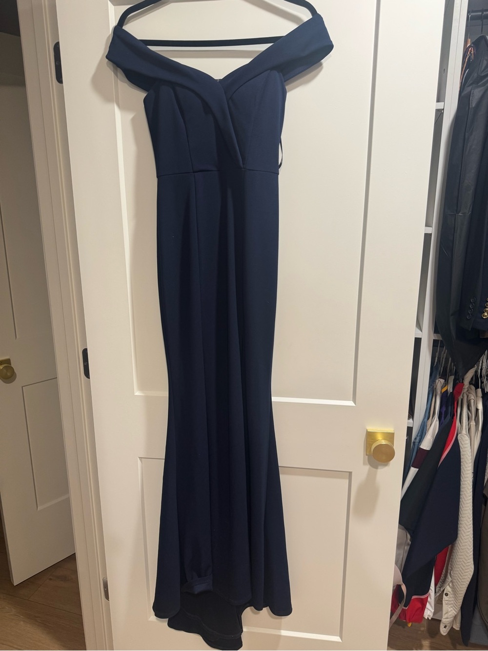 Speechless Off-the-Shoulder Navy Maxi Gown